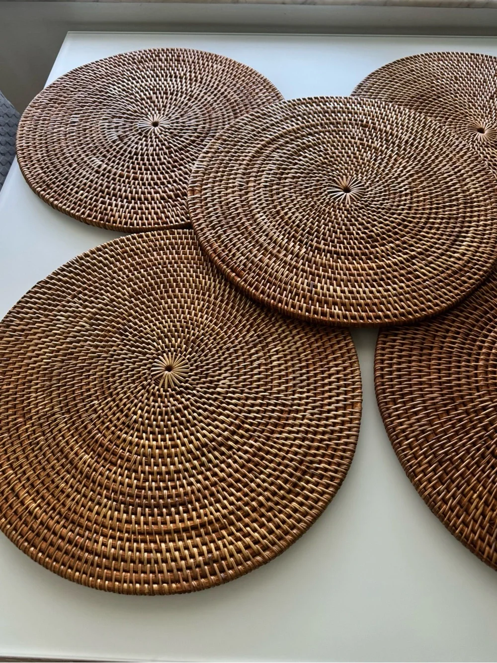 Set of 5 Woven Rattan Round Placemats 16” Boho Table Decor